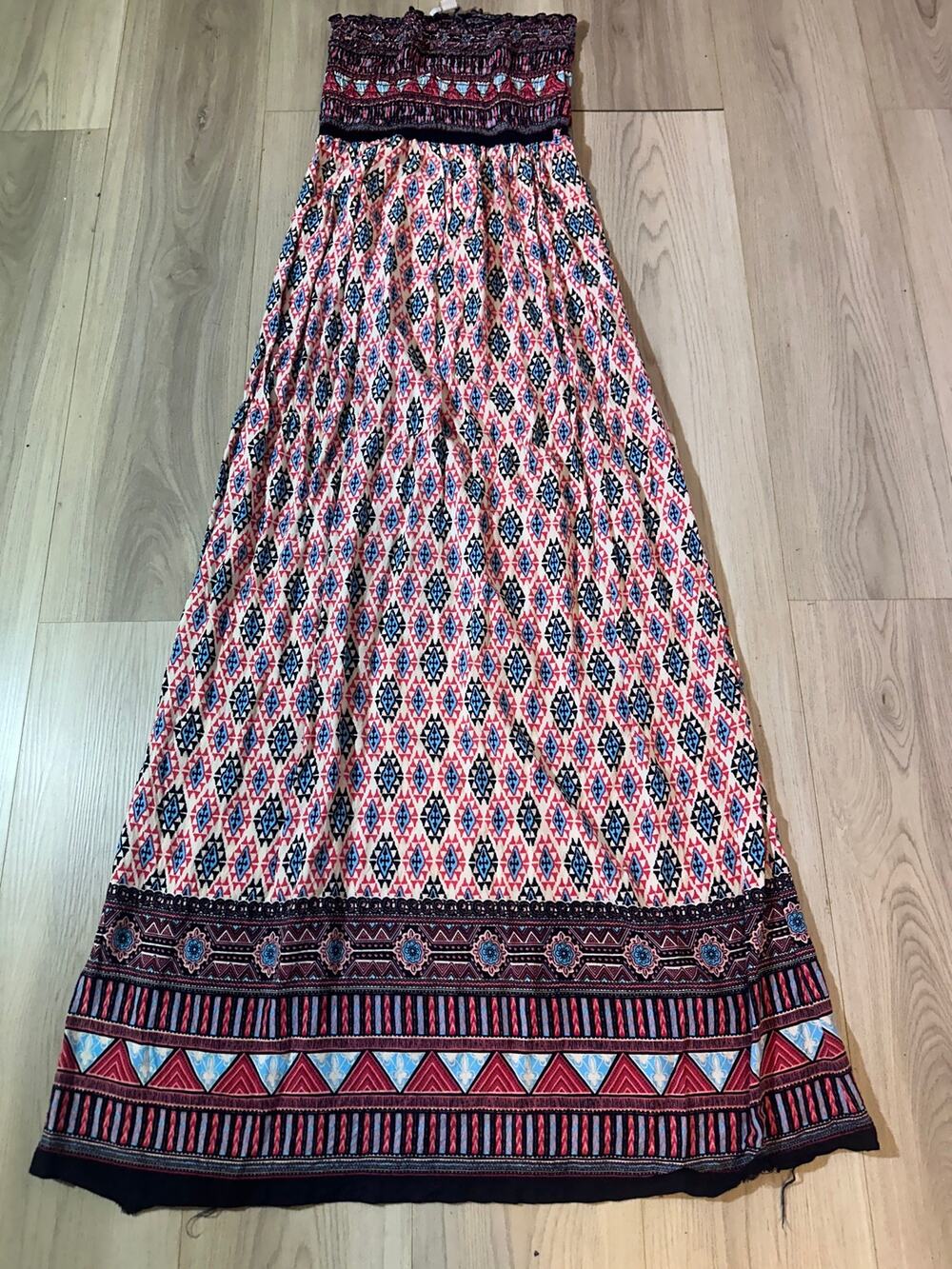 Forever21 XXI Geometric Southwest Strapless Maxi Dress Smocked Rayon Pink Blue S